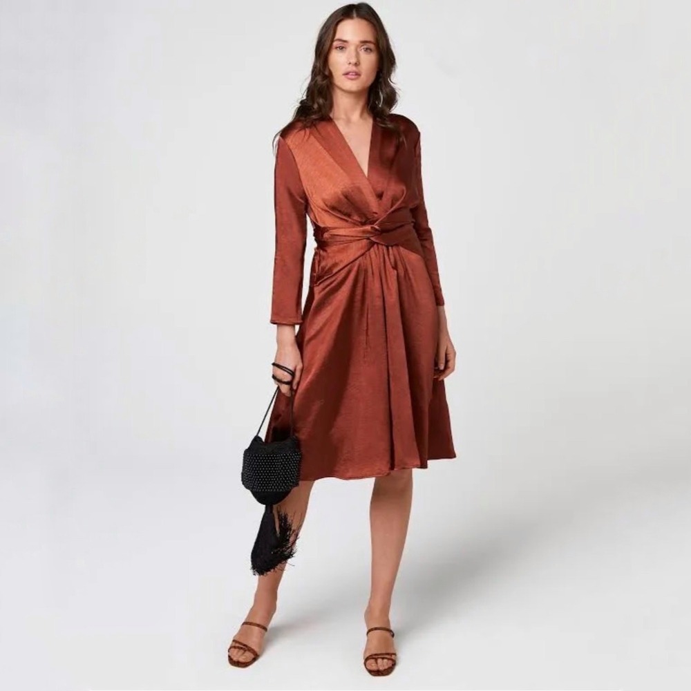 O.P.T Women's Copper Satin Twist Front Midi Dress Womens XS V-Neck‎ 3/4 Sleeve